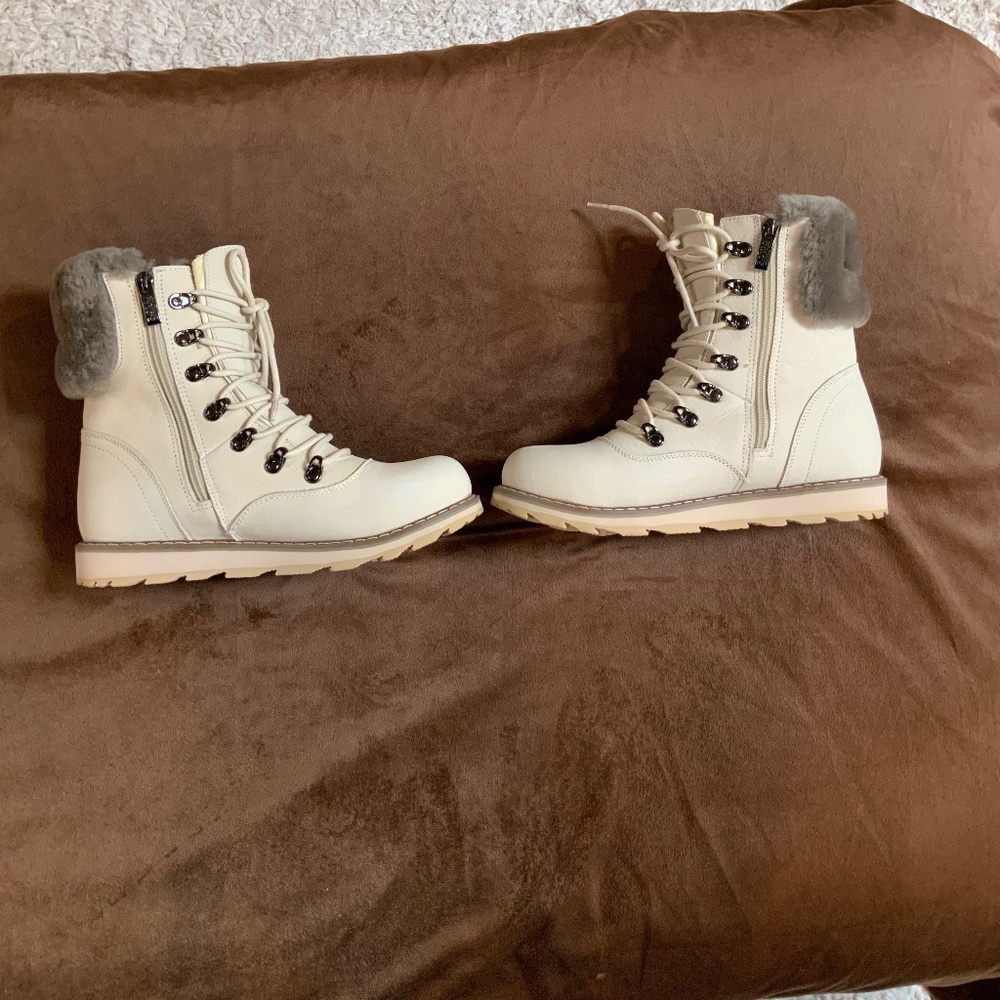 Royal Canadian Leather Shearling Waterproof boots Ivory Grey 9 Alpine Cabincore - Picture 3 of 7